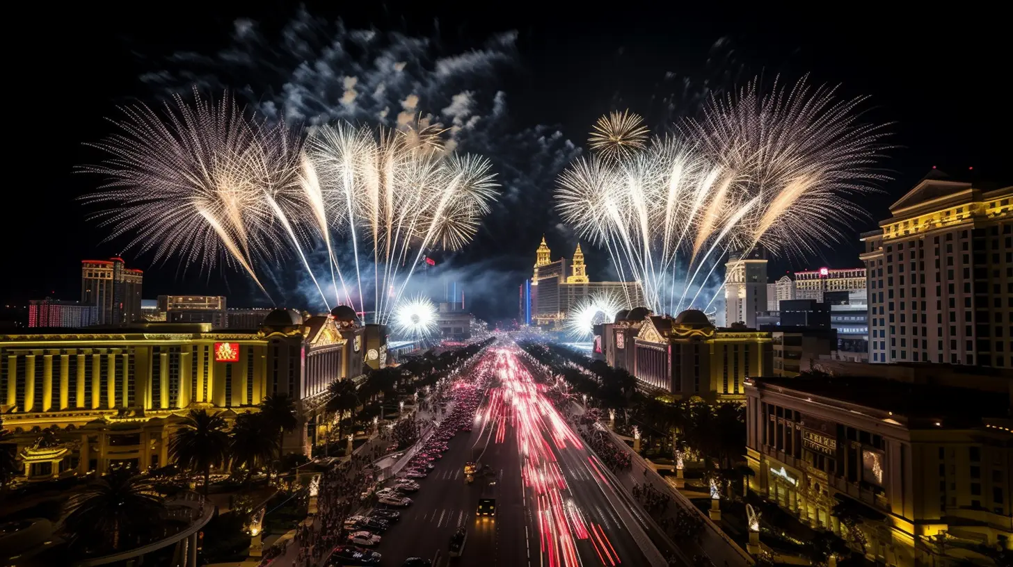 F1 cars sprinting down a glowing Las Vegas Boulevard at night
