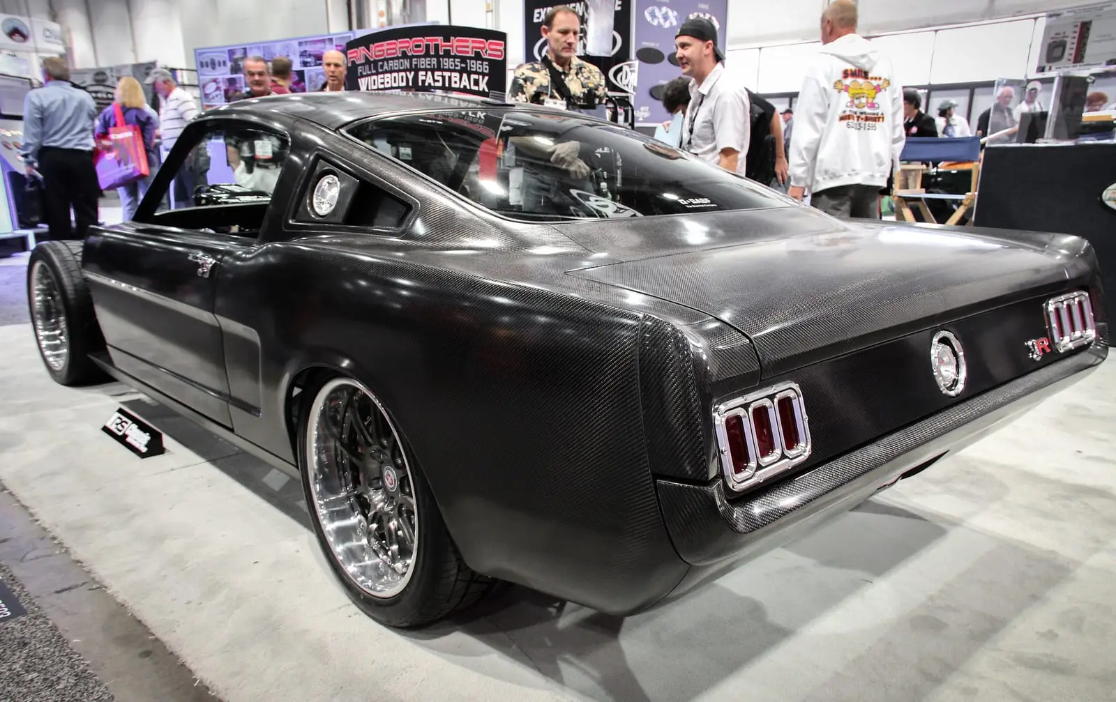 A dark carbon-bodied fastback custom build at the SEMA Show in Las Vegas.