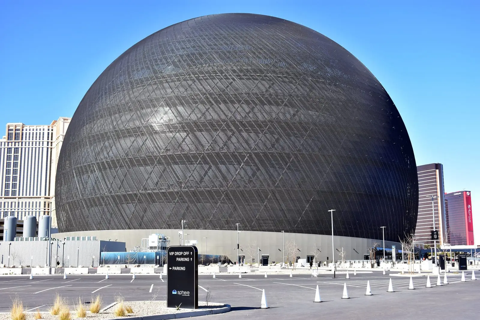 The Sphere in daylight with its exterior screen switched off, showing the lattice of the structure.