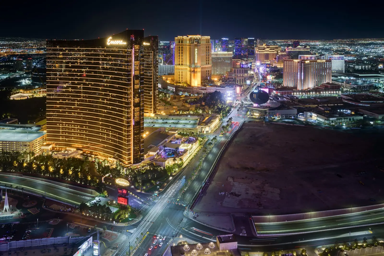 Night skyline of the Las Vegas Strip seen from high above the north end of the Boulevard.